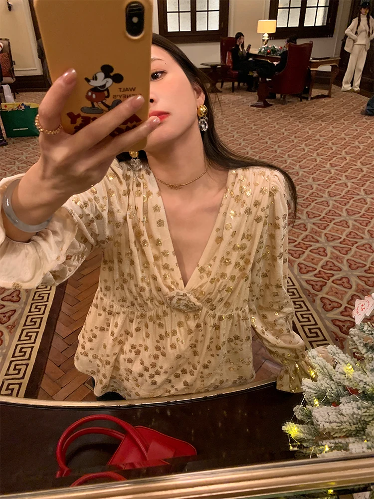 

Design Sensation Long Sve V-Ne Bead Cluster Bubble Sve irt Корейский Sle Свободный крой из полиэфирного волокна Женский премиум-класса S...