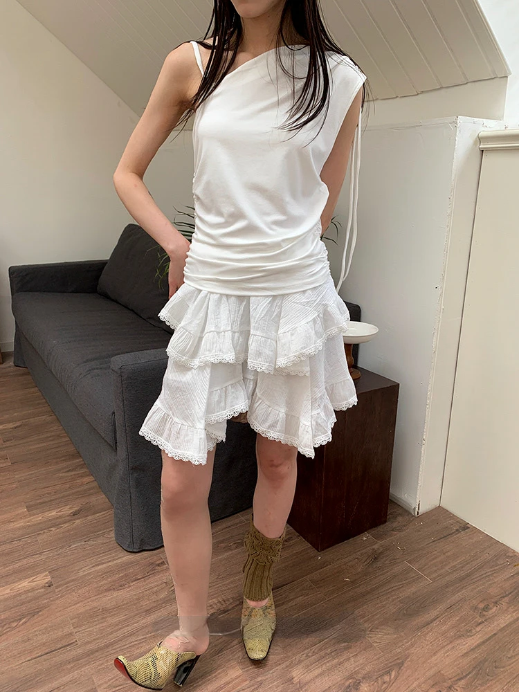 

HOUZHOU White Irregular Ruffles Skirt Women Mini Skirts Kawaii Japanese Style Sweet Patchwork Elegant Casual Black Short Skirt