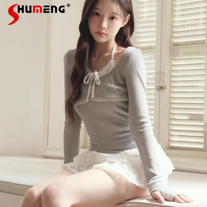 المرأة Y2k بلايز اليابانية Rojita نمط الدانتيل المرقعة التعادل وهمية قطعتين تمتد إصبع الأكمام البلوز بأكمام طويلة تي شيرت #5