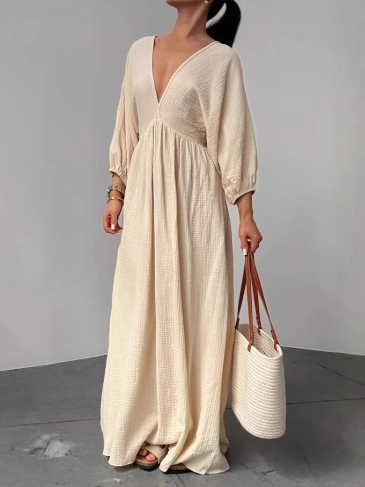 Doce relaxado cintura gravata cor sólida maxi vestido profundo decote em v puff manga curta aberto volta vestidos flowy em camadas longo vestido feminino