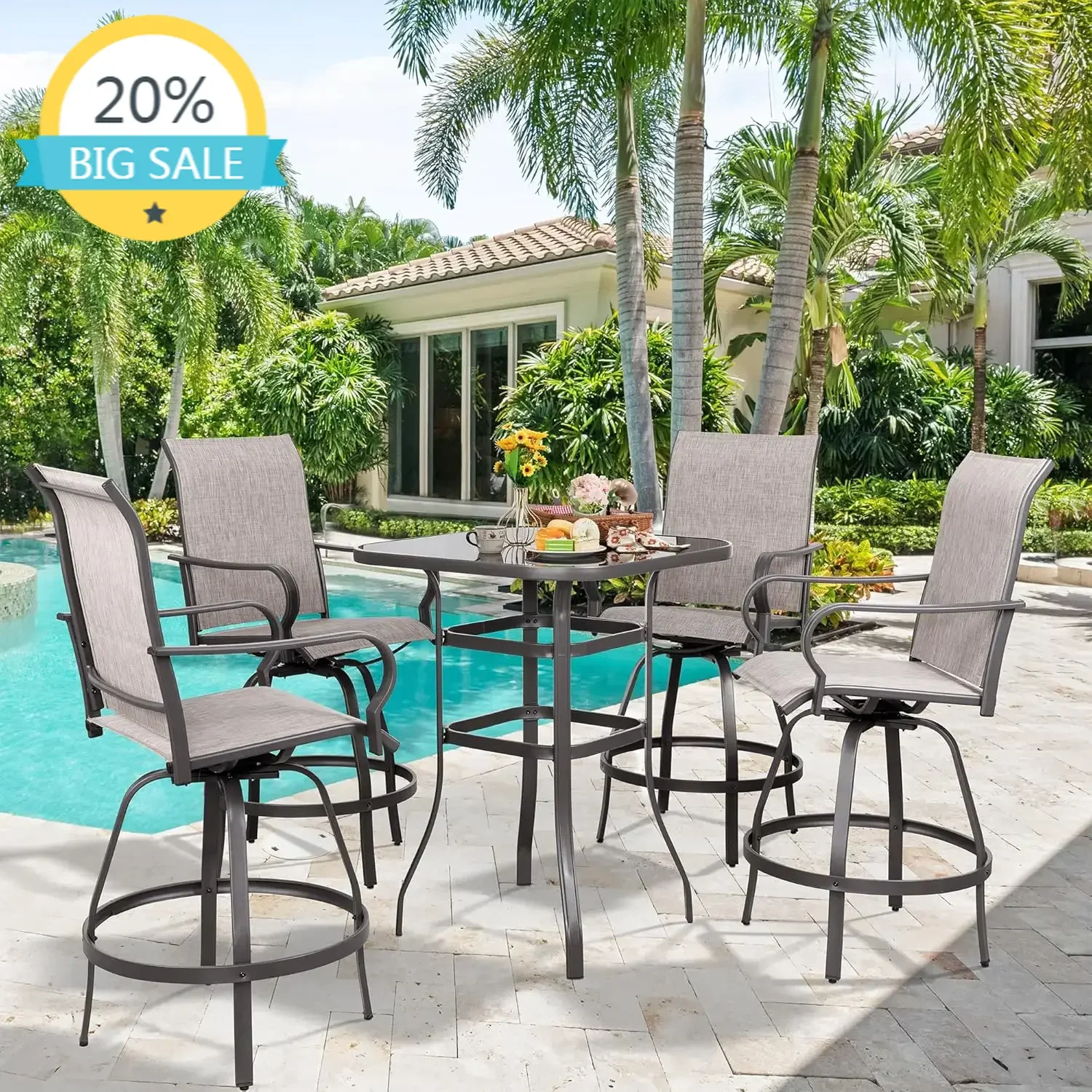 

Бестселлер: Комплект из 5 предметов для патио – поворотные барные стулья (4 шт.) из всепогодного металла и текстилена и стеклянный барный стол