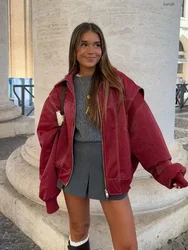 Lapel Zipper Vintage Jacket Coat Retro Loose Short Motorcycle Suit Autumn Winter Long Sleeves Leather Wine Red Women Overcoat