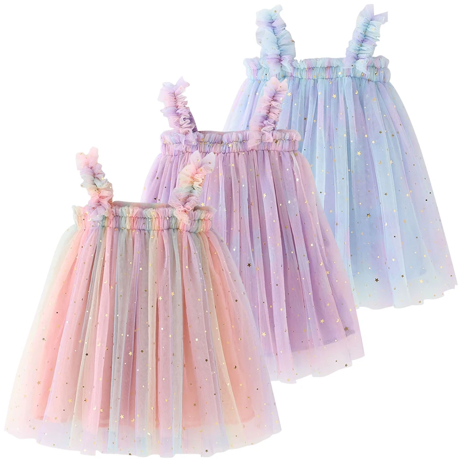 1-8 Years Old Starry Sequin Rainbow Dress for Girls New Style Tulle Puffy Skirt with Strap Princess Dress Girls Casual Dresses