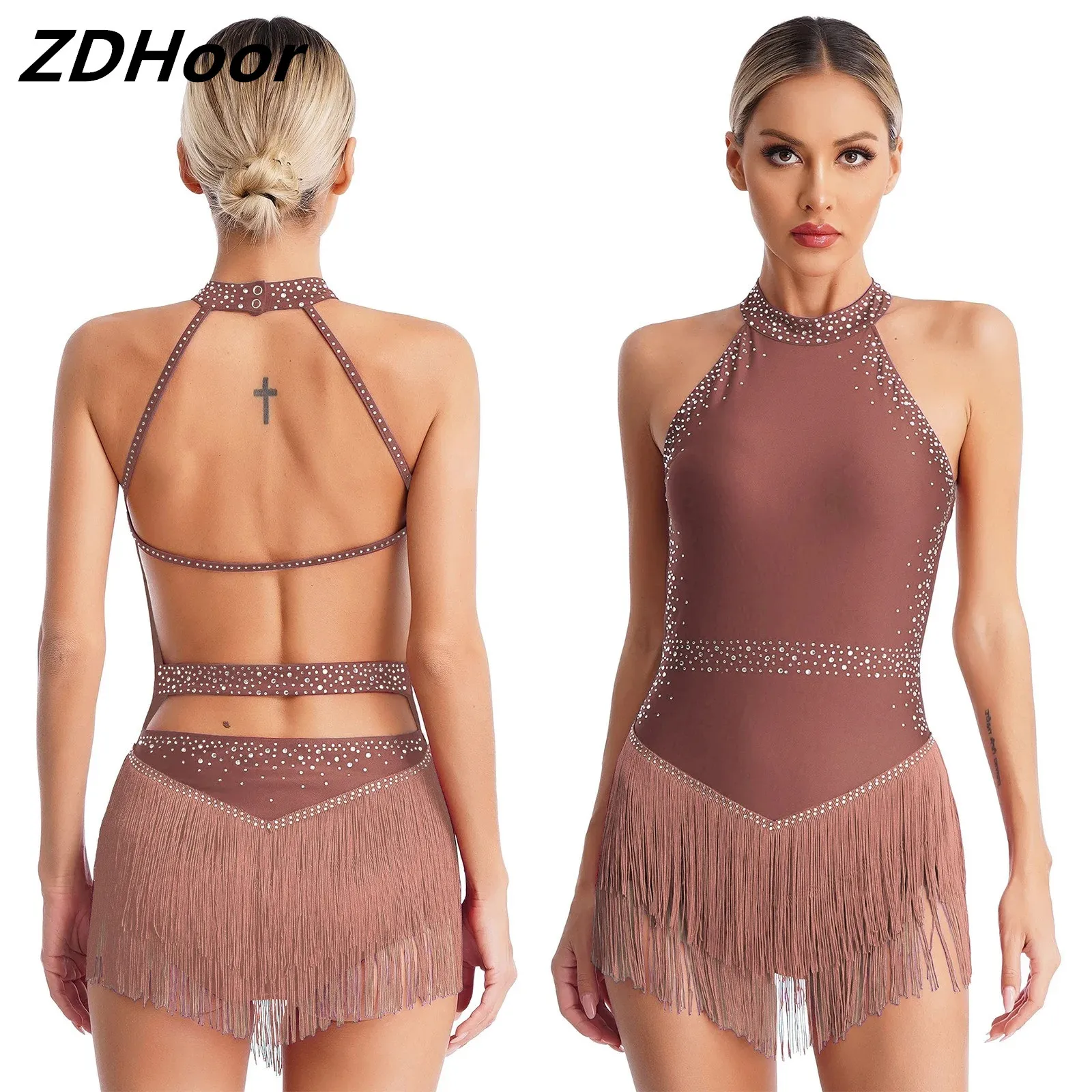 

Womens Latin Tango Salsa Dance Leotard Bodysuit Shiny Rhinestones Halter Backless Fringe Ballroom Tassel Costume