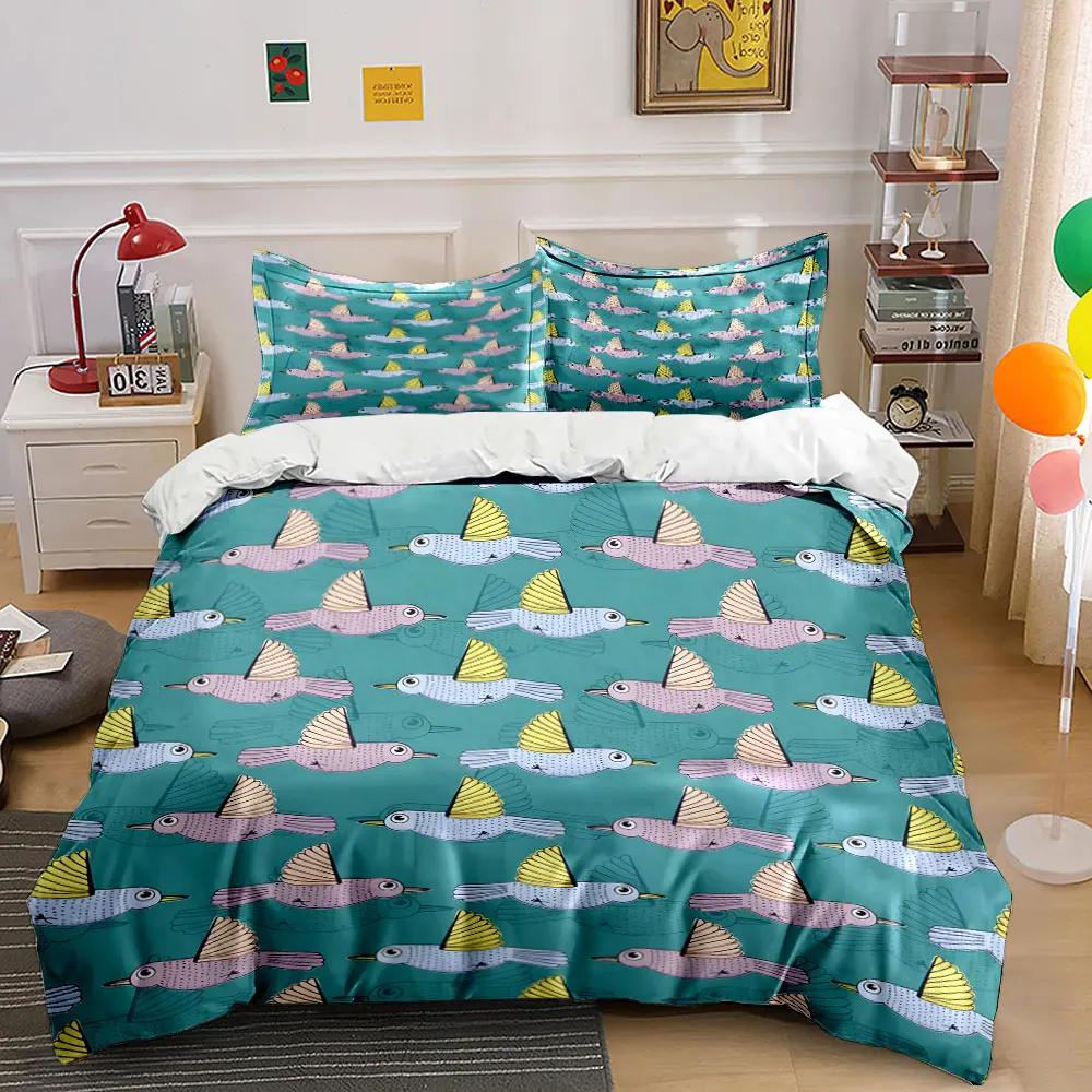 Patterned birds, teal background. Print Bedding Set 1 Duvet Cover 2 Pillowcases for Adult and Children Luxury Gift Full Size