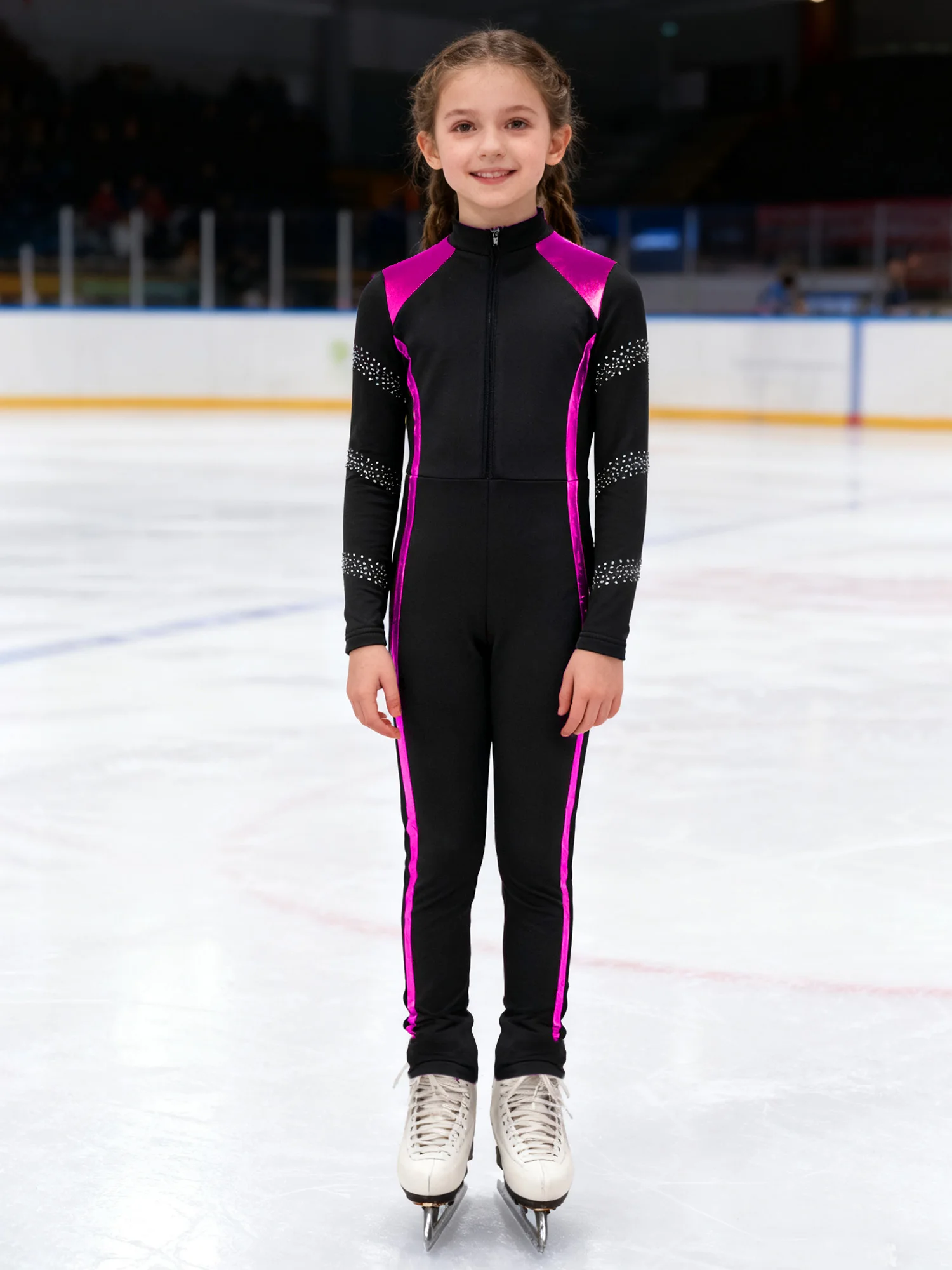 

Kids Girls Sparkly Rhinestones Figure Ice Skating Jumpsuit Long Sleeve Zip-Up Athletic Bodysuit for Gymnastics Workout Training