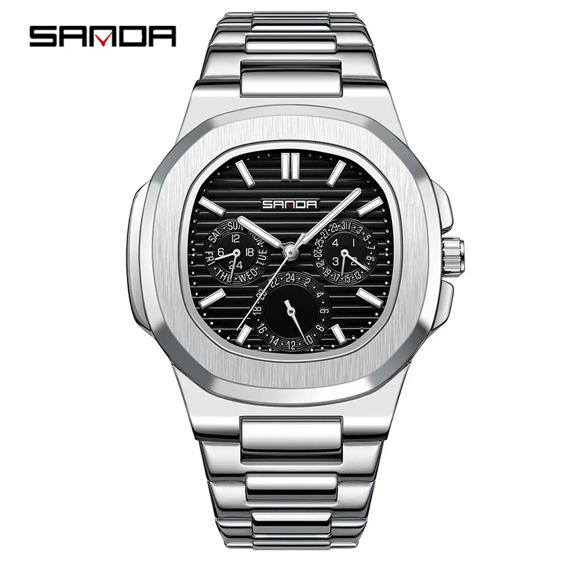 SANDA Hot Sale Quartz Men's Watch Three Eyes Six Needles Simple Strips Scaling Fashion Steel Belt Waterproof Men's Watch