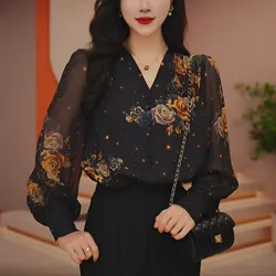 Women's Stylish Floral Printed Chiffon Blouse Vintage Elegant Chic Commute Shirt V Neck Long Sleeve Loose Tops Blusas Para Mujer