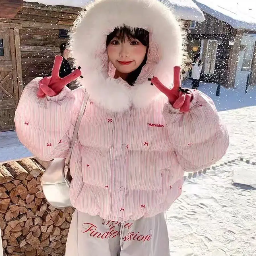 American Retro Style Long Sleeve Hooded Parkas Women Cat Ears Sweet Sweatshirt Vintage Faux Fur Collar Solid Color 2025 Winter