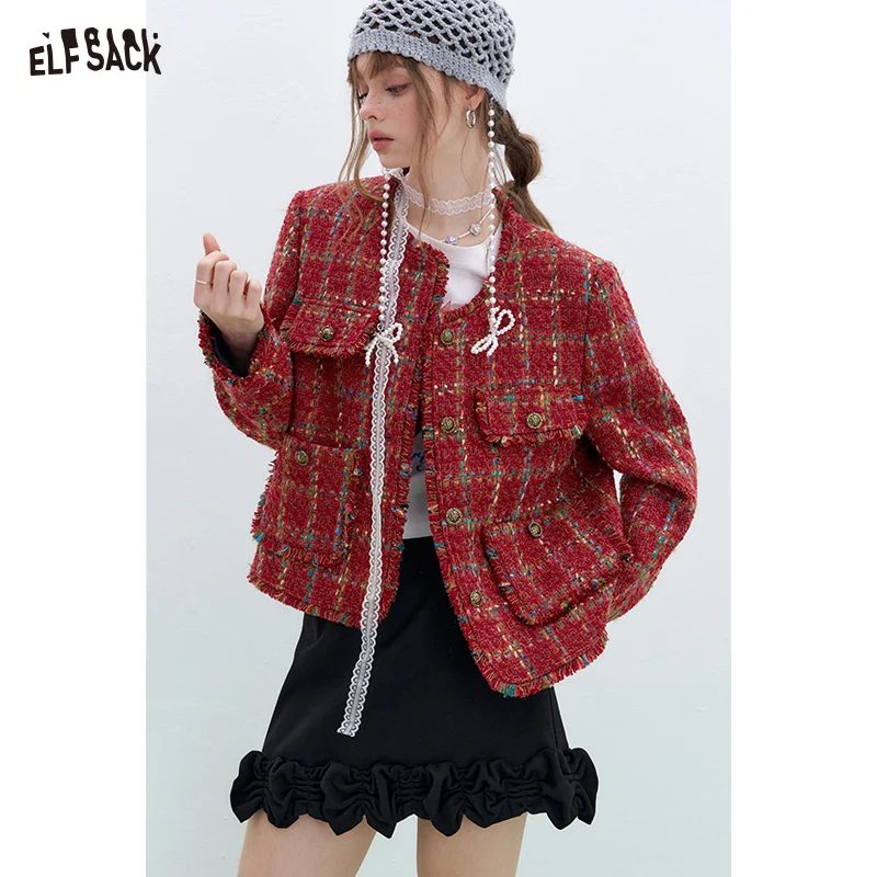 ELFSACK-Veste Courte Vintage à Carreaux Rouge pour Femme, Manches sulf, Simple Boutonnage, Col Rond, High Street, Nouvelle Collection Printemps 2025