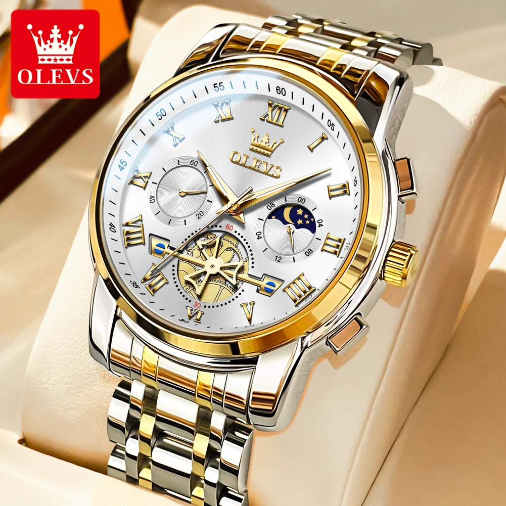 OLEVS-Reloj de pulsera de cuarzo para hombre, cronógrafo luminoso de acero inoxidable, fase lunar, a la moda, nuevo, 2859