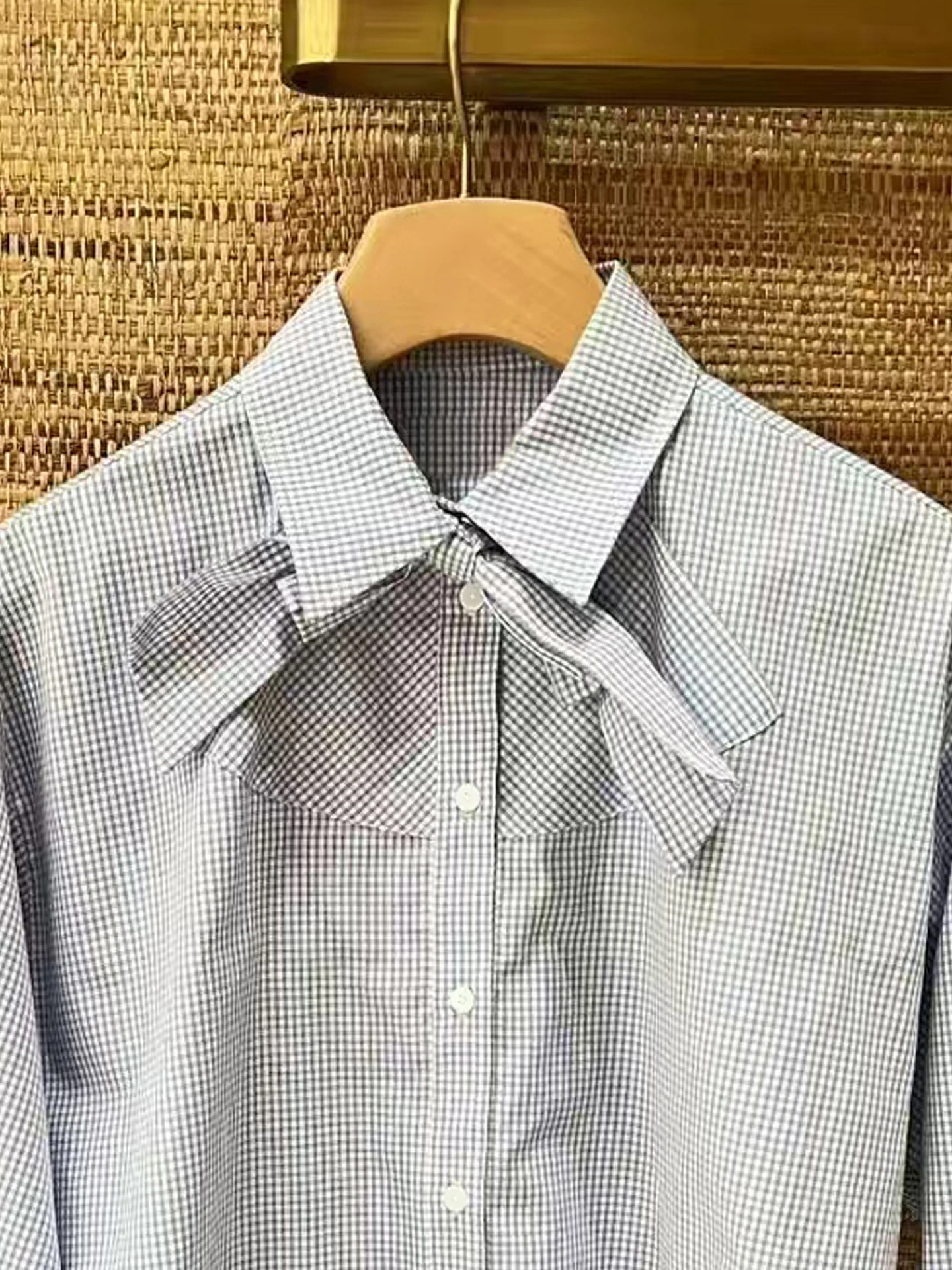 Sホームサウスオイル高級婦人カジュアルチェック柄シャツ春秋シーズン折り返し襟蝶結びトップス女性用