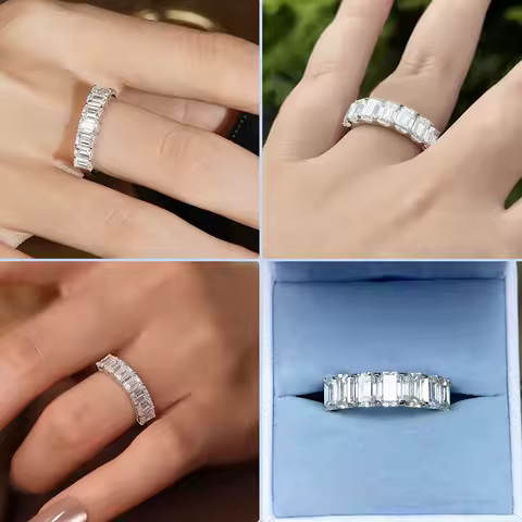 Newshe Certified Moissanite Bands for Women 925 Sterling Silver Half Eternity Emerald Cut Wedding Ring D Color VVS1 Fine Jewelry