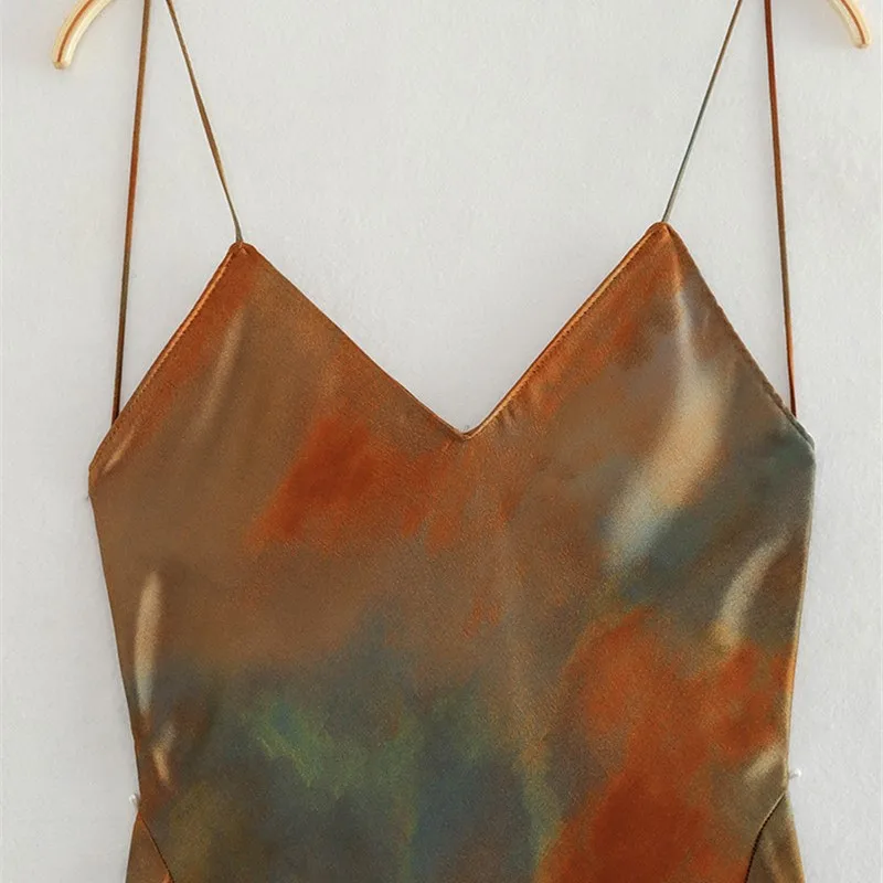 الحرير الساتان الملمس التعادل صبغ طباعة مثير فستان الرسن الصيف المرأة الجديدة ضئيلة أكمام الكاحل طول فستان فستان رسمي