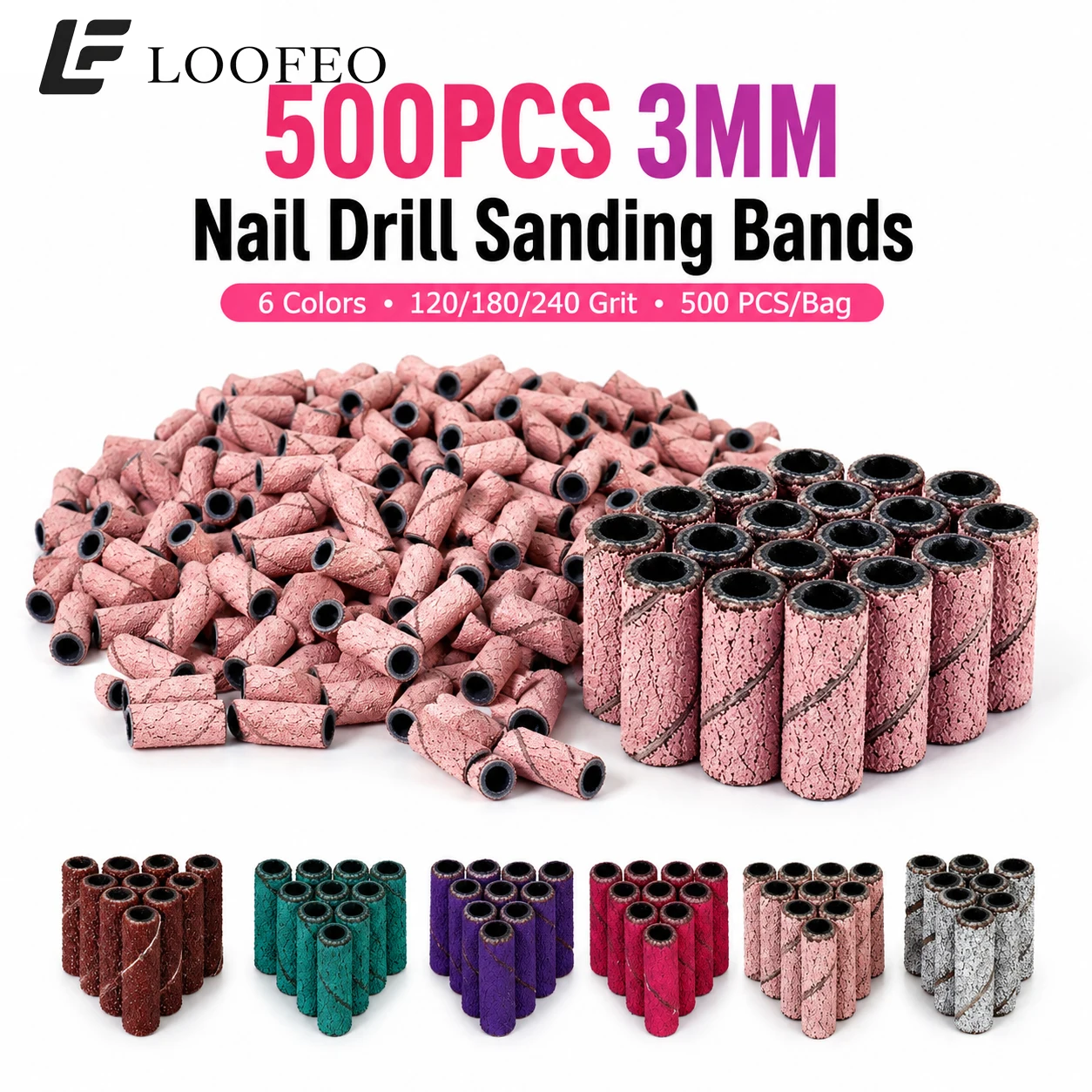 3mm 500Pcs Sanding Bands 120/180/240 Grit Nail Drill Bit for Acrylic Nail Gel Removing Manicure Pedicure Tools Nail File Bands