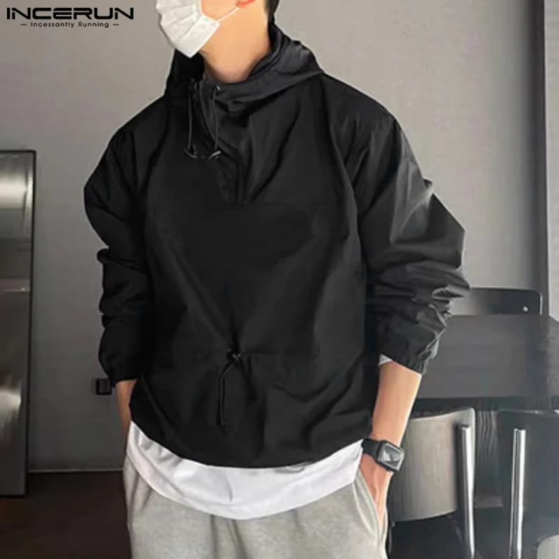 INCERUN Men T Shirt V Neck Long Sleeve Hooded Loose Drawstring Casual Tee Tops Solid Streetwear 2024 Sunscreen T-shirts S-5XL