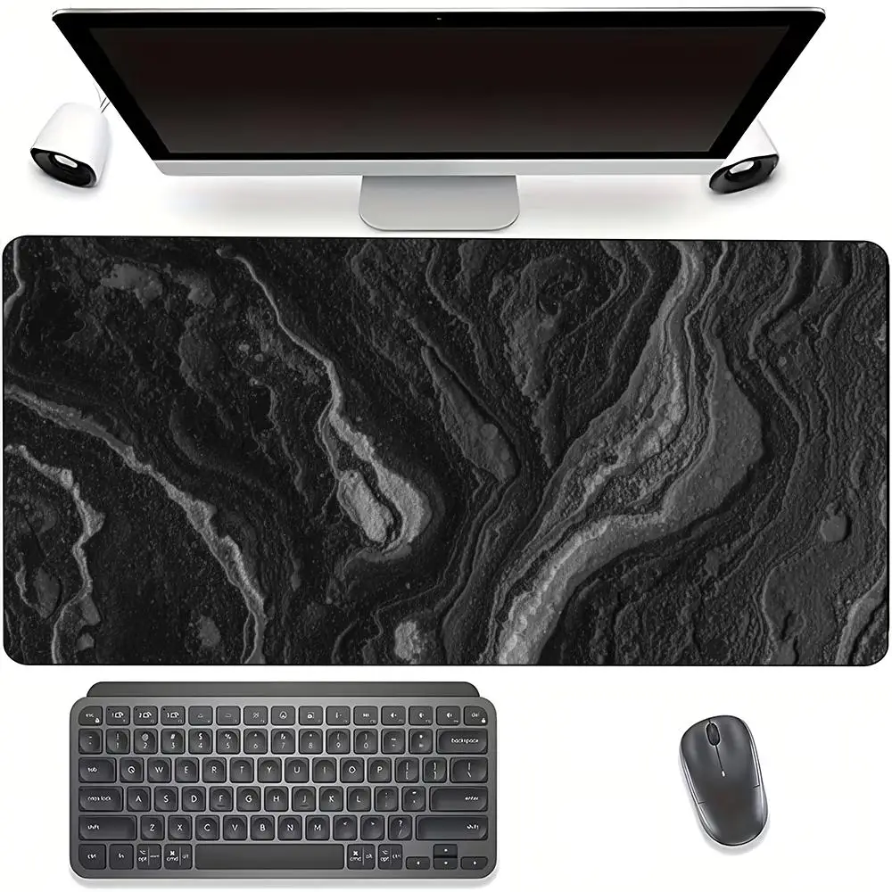 Large Gaming Mouse Pad Desk Mat Keyboard Pad Black White Silver Vein Marble Layer Stone Fluid Texture Print Non Slip Rubber Base