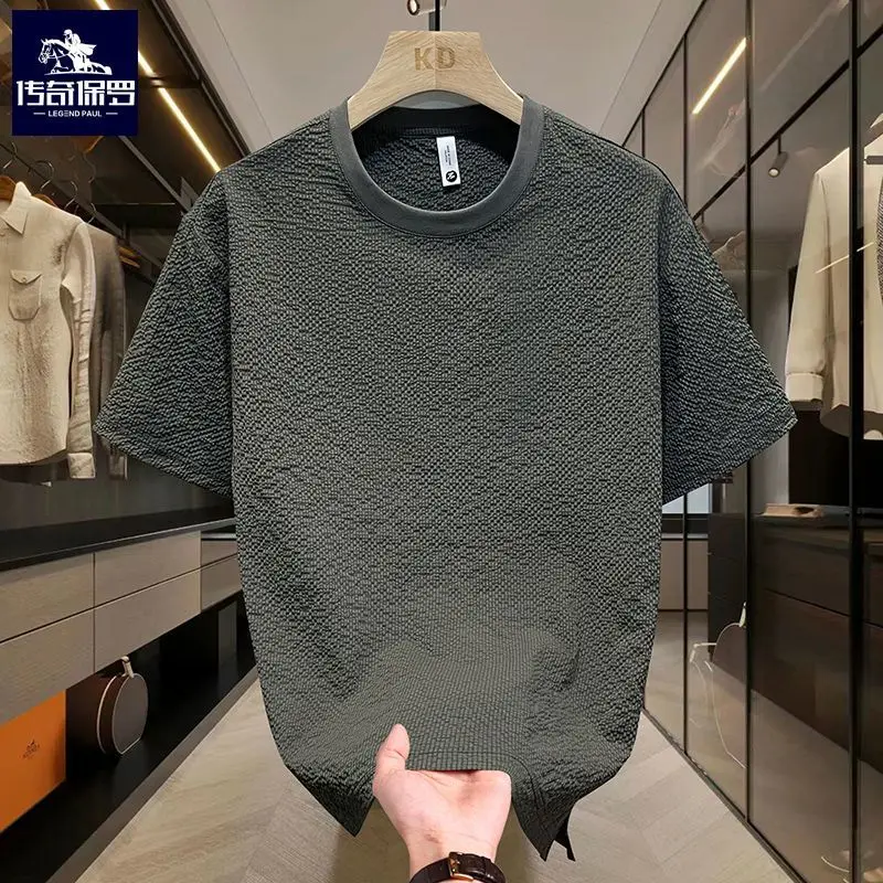 Popular seersucker short-sleeved men's summer thin solid color texture versatile round neck half-sleeved T-shirt