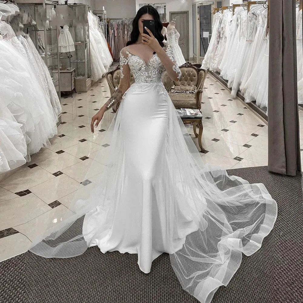 Abiti da sposa a sirena con maniche lunghe in pizzo con applicazioni scollo a V in Tulle staccabile treno da sposa cresciuto 2024 Robe De Mariage