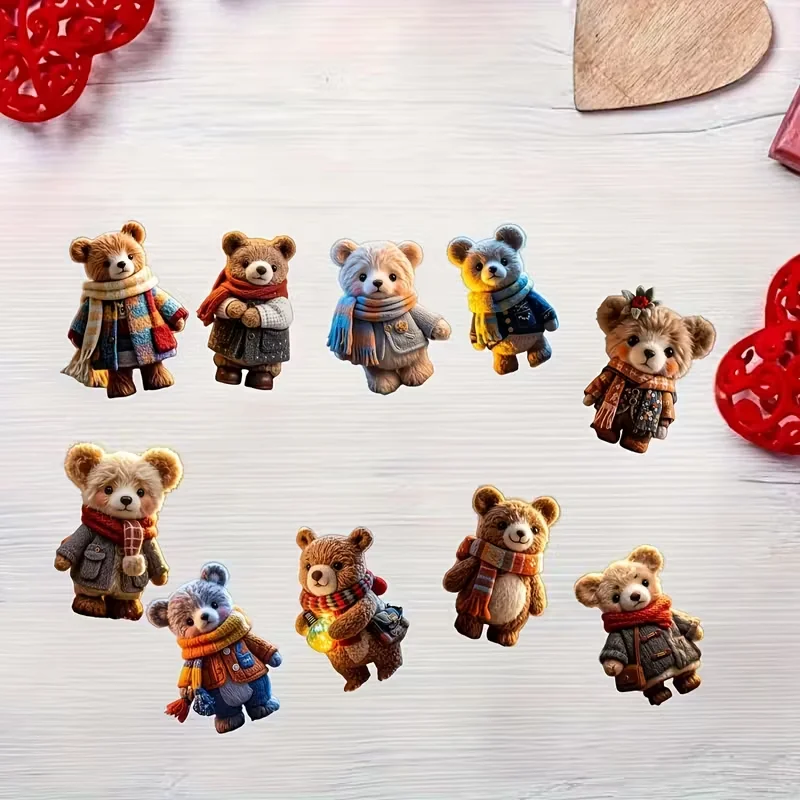 10 زخارف على شكل دب خشبي مصنوعة يدويًا - معلقات جو عيد الميلاد بأنماط قديمة وحديثة، تتميز بالأوشحة والمعاطف