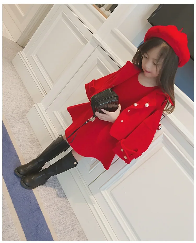 2022 Autumn Children\'s Set Girl Korean Version of Vest Skirt+woolen Jacket+hat Three-piece Sets Girl Party Fashion Red Clothes