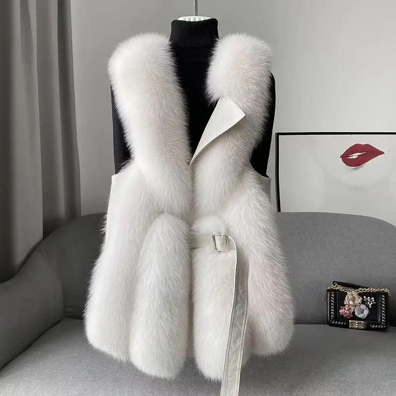 Fox Fur Vest Coat Womens Faux Fur Waistcoat Fashion Slim Fur Jacket Chic Sleeveless Faux Fox Fur Vests with Belt Jacket