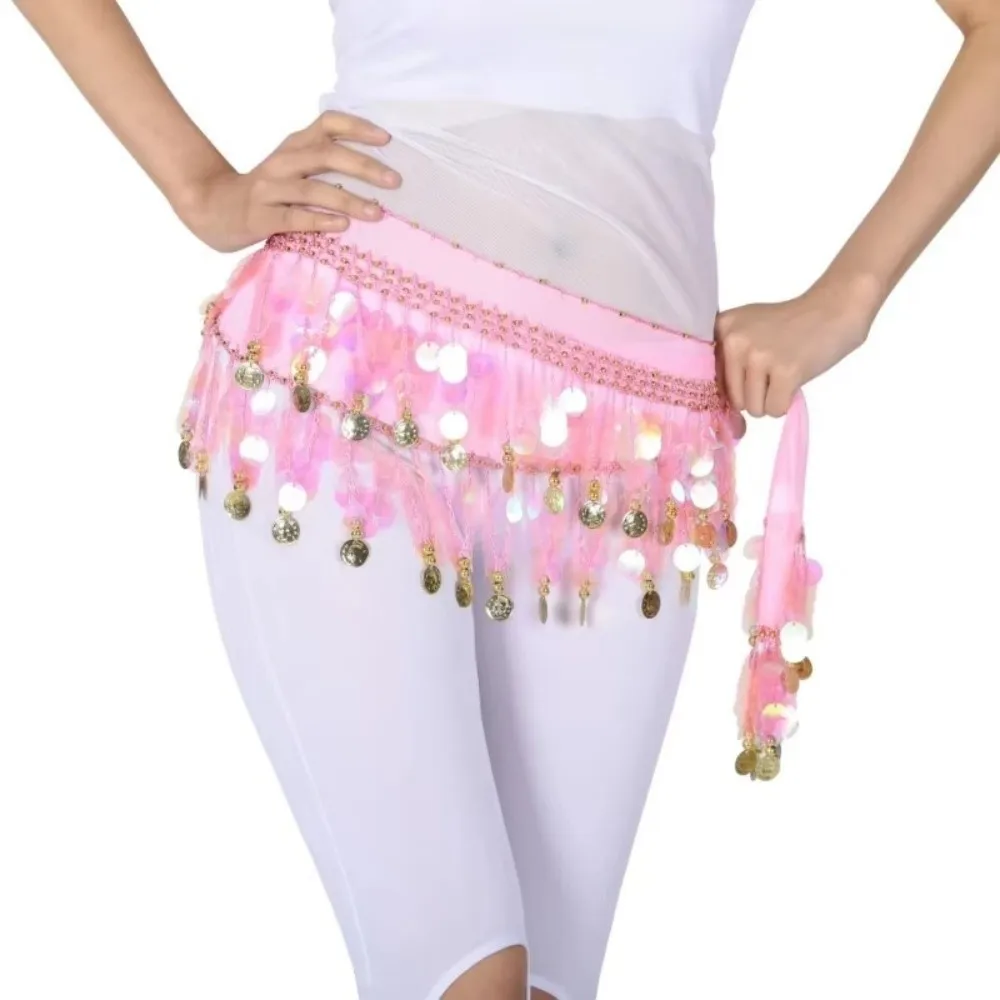 Ceinture de danse du ventre tendance, écharpe de hanche, pompon avec pièce de monnaie de couleur or, chaîne de taille, paillettes, ceinture pour femmes, jupe, Costumes de spectacle
