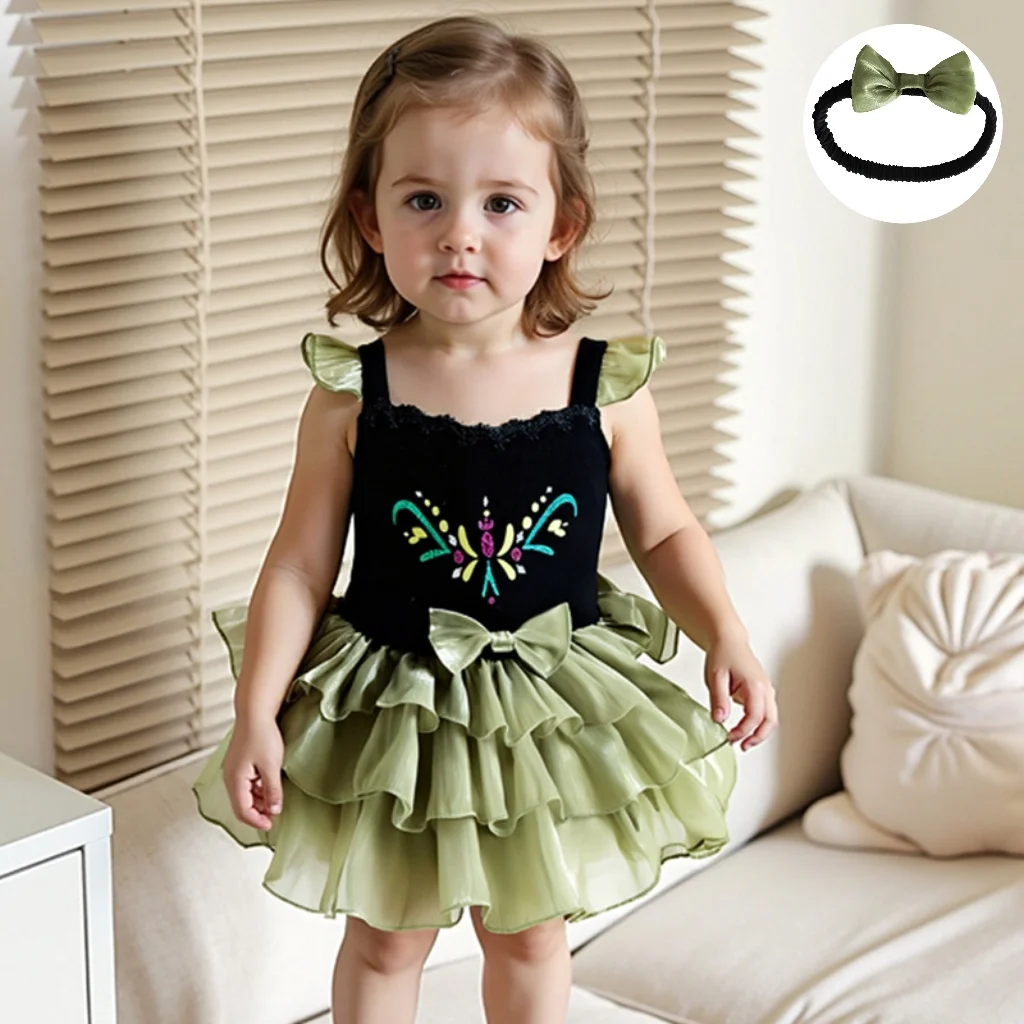 

Baby girl summer harem dark green short-sleeved harem skirt with cute bow headband holiday gift