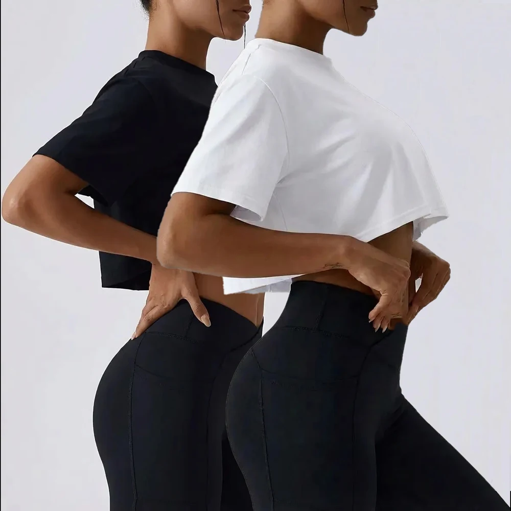 T-shirts courts en coton pour femmes, coupe oversize, couleur unie, à manches courtes, pour la course, le yoga, le fitness, décontractés, col rond, vêtements de sport
