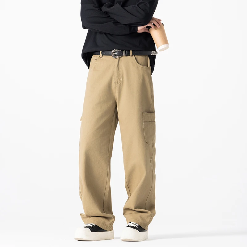 الراقية جودة اليابانية مستقيم الساق السراويل البضائع الرجال موضة فضفاضة الرجال السراويل جيب بسيط واسعة أرجل بناطيل كاجوال #2