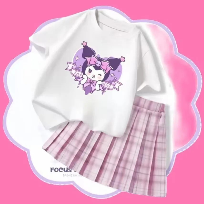 

Miniso Sanrio Kuromi Children's T-Shirt Dress Set Summer Cartoon Anime Girls Cute Short Sleeves Jk Skirt Set Children Tops Gift