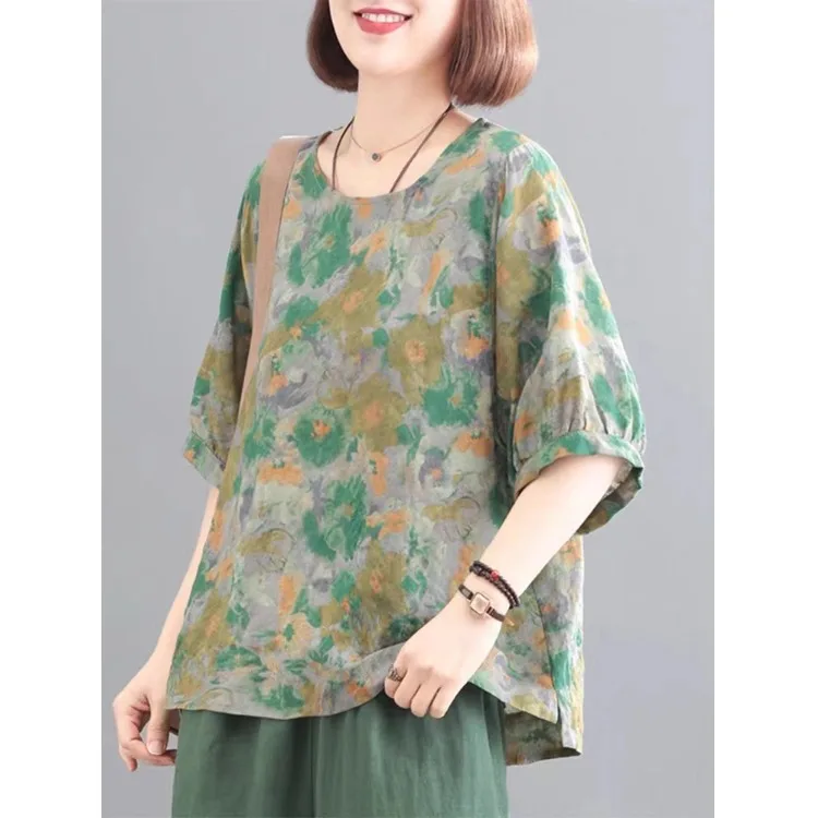 

Slimming Large Size Korean Sle Summer Faion Print Cotton Linen Casual Retro Women's Set round Ne Seven Sve Nine Pants