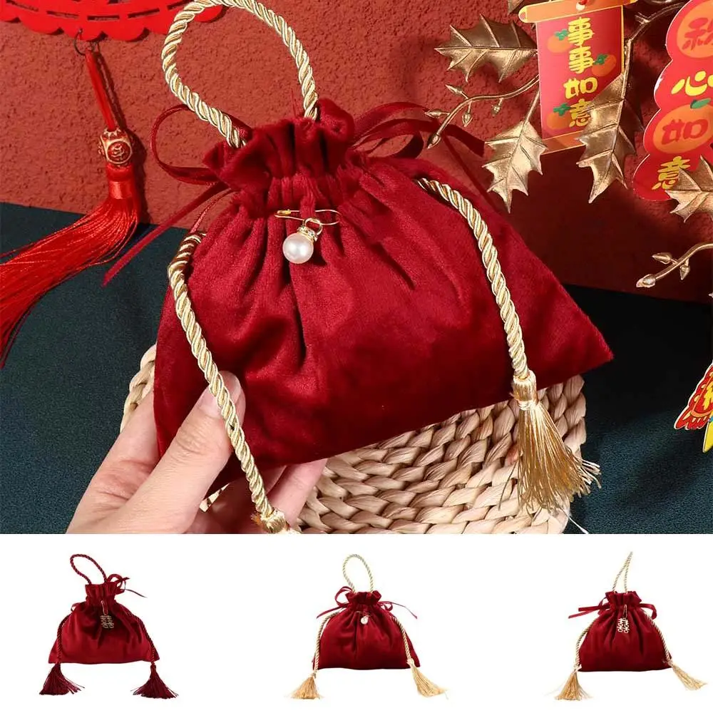 Velvet Drawstring Candy Bag Non-woven Fabrics With Drawstring and Tassels Flannel Gift Bag Wine Red Exquisite