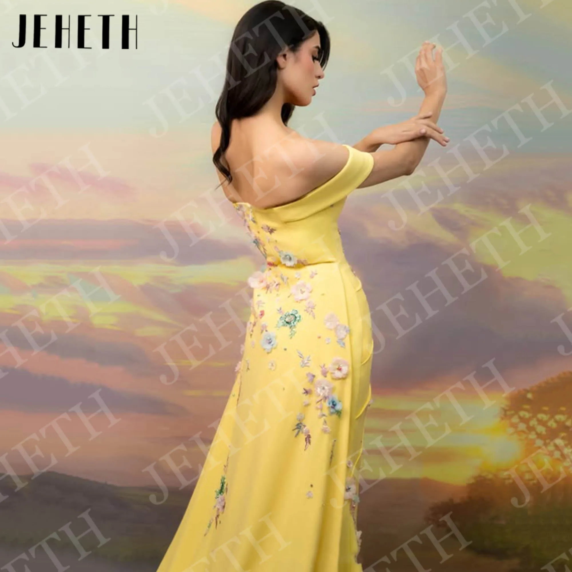 예헤스 럭셔리 머메이드 이브닝 드레스 프롬 여성 플로럴 아플리케 오프숄더 정장 파티 드레스 옐로우 맞춤 제작 이브닝 드레스고급스러운 인Mermaid Evening Dresses Prom주문을 받아서 만드는 어깨 공식적인 파티 드레스 노란색에서 여자 꽃 애플리케이션