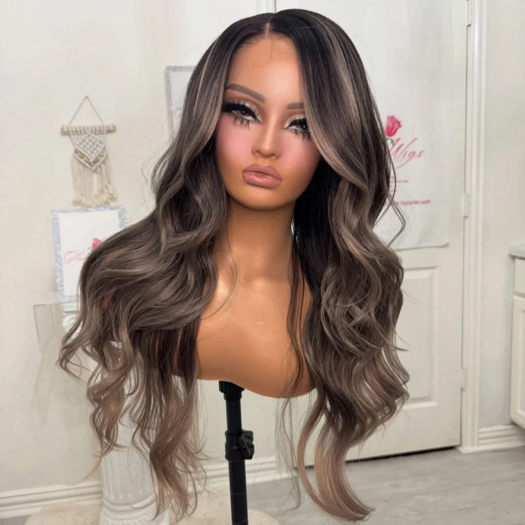 Perruque Lace Front Wig synthétique marron chocolat ombré 13x4, perruque Lace Front Wig HD à reflets 180% haute densité sans colle pour femmes