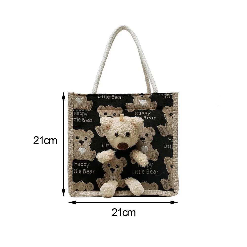 Cute Bear Print Pendant Handbag for Xmas Casual Linen Canvas Top-handle Gift Bag Fashion Shopping Bag Women Ladies Girl Handbag