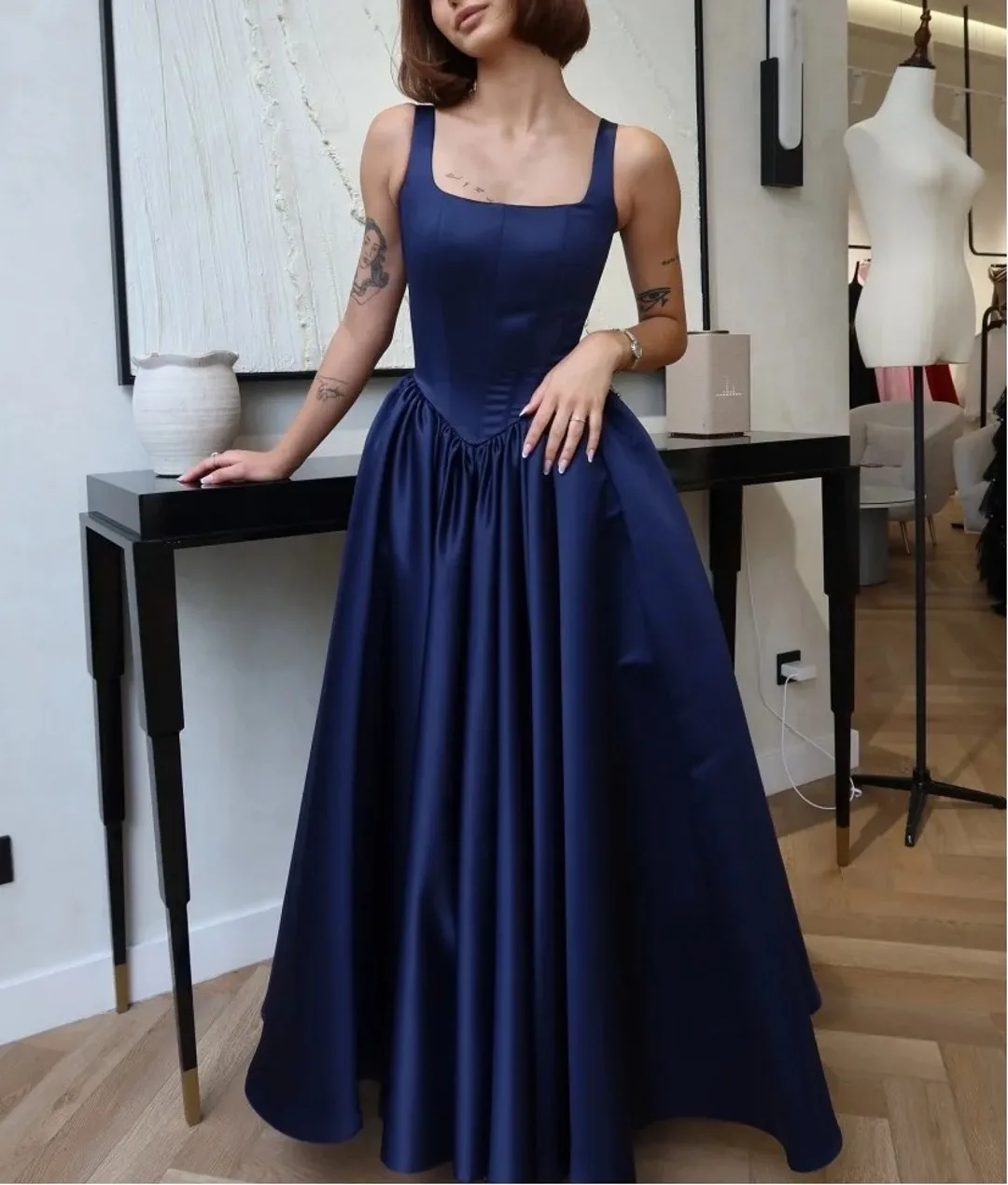 

Классическое темно-синее вечернее платье 2026, атласное длинное платье трапециевидной формы с квадратным вырезом на бретельках для выпускного вечера, пышные вечерние платья Robe De Soiree