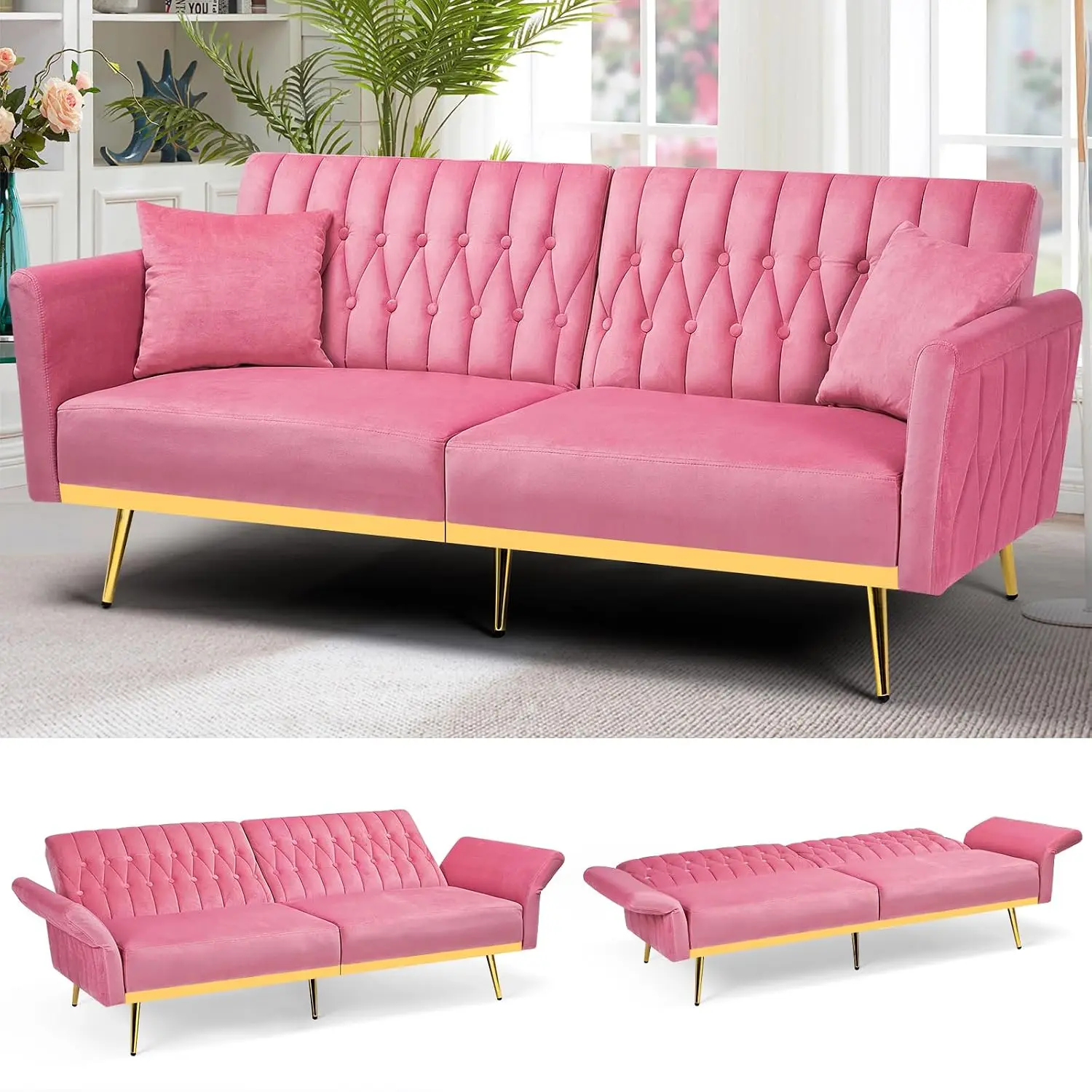 

70” Velvet Futon Sofa Bed with 2 Pillows and Adjustable Armrests, Convertible Sleeper Bed, Modern Loveseat for Living, Custom