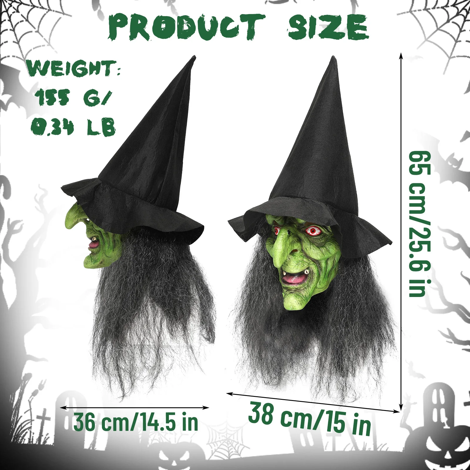 หน้ากากแม่มดโบราณสำหรับฮาโลวีน สีเขียวน่ากลัว หน้ากากแม่มดผู้แก่พร้อมผม หมวก แว่นตา เรืองแสง อุปกรณ์ประกอบคอสเพลย์ ชุดแม่มดสยองขวัญ แต่งหน้า