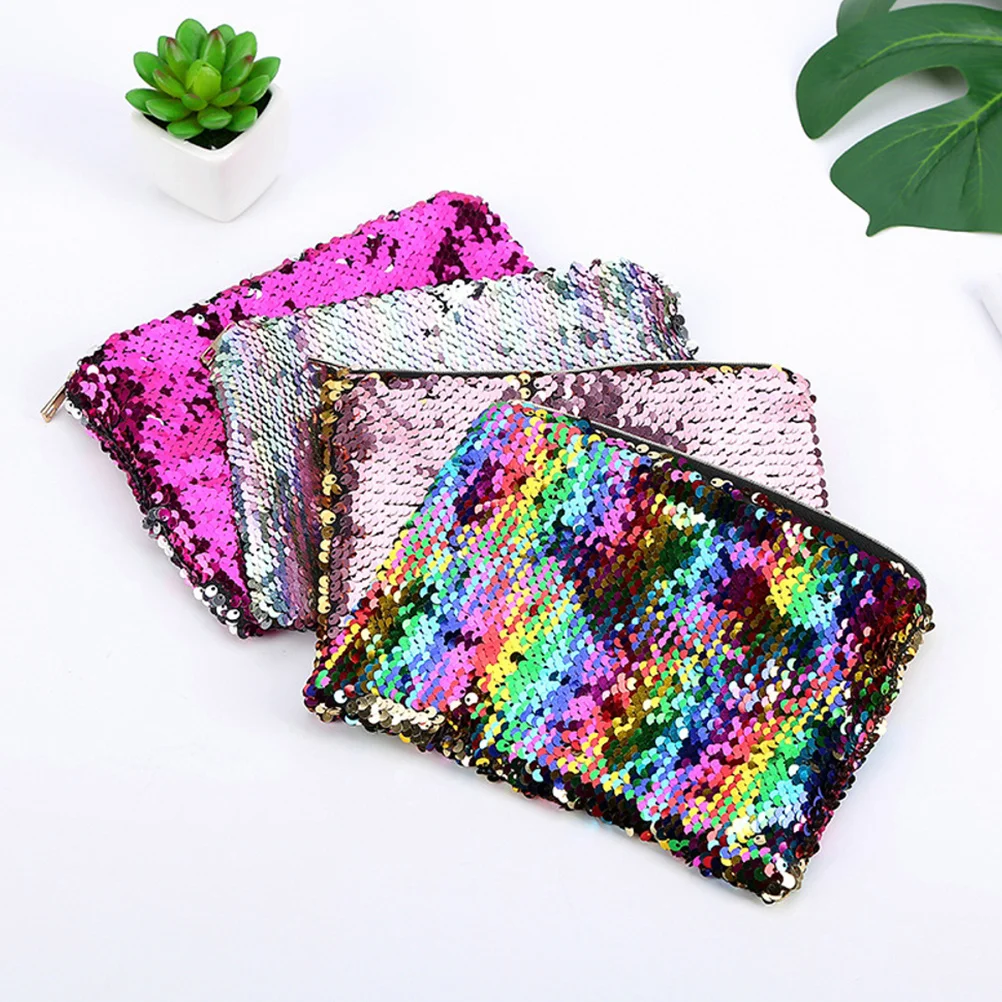 قوس قزح الفضة الترتر قلم رصاص سستة حقيبة متعددة الوظائف حقيبة أقلام محفظة نسائية للعملات المعدنية ماكياج المنظم للطلاب النساء القرطاسية