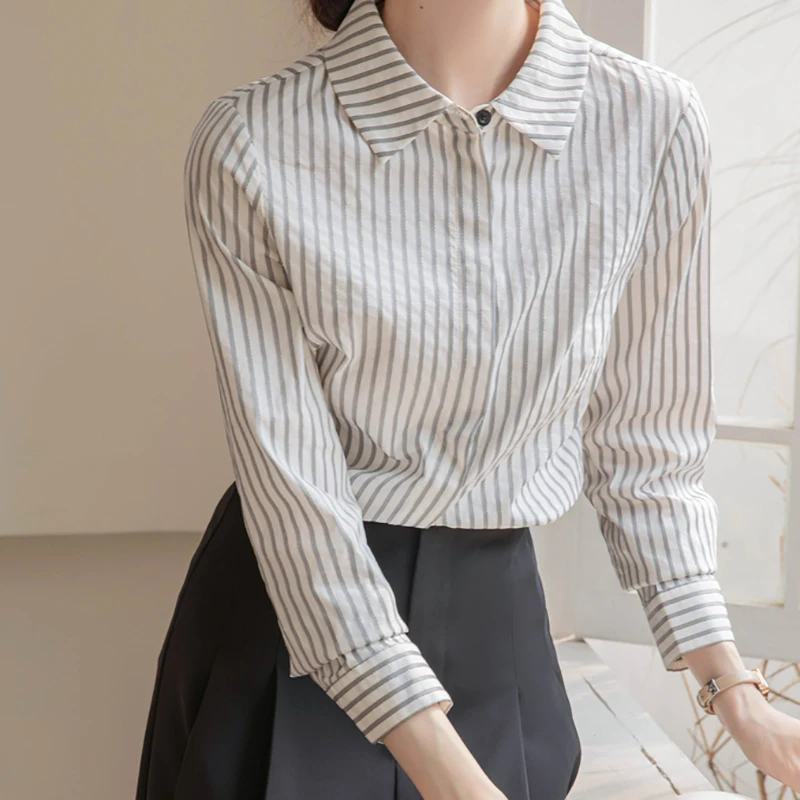 EVNISI Women Casual Long Sleeve Stripe Shirt Polo collar Loose Elegant Office Blouse Single Breasted Lady Chic Tops Spring Fall