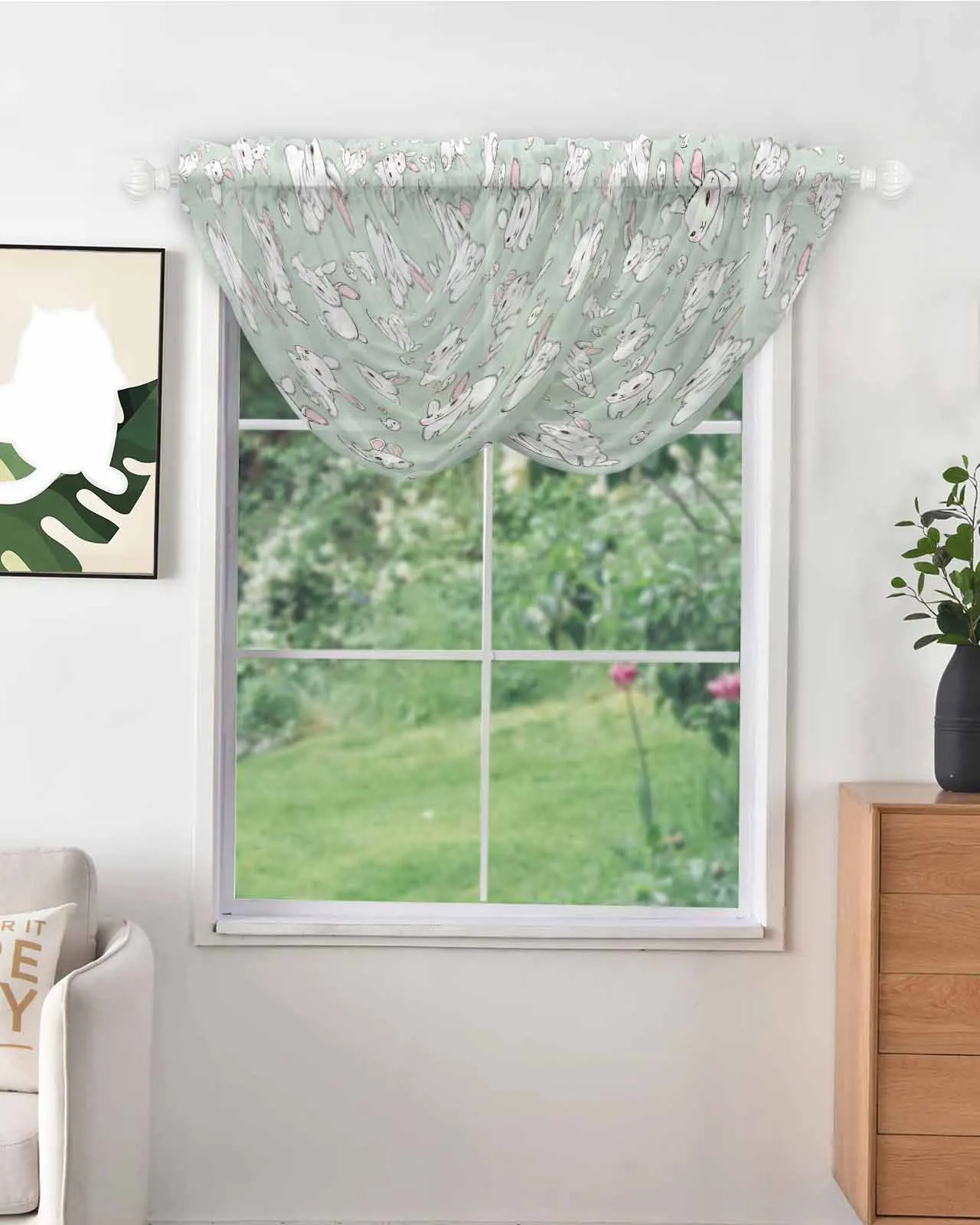 Green Bunny Texture Sheer Tulle Small Short Curtain for Girls Room Window Curtain Kitchen Cabinet Voile Curtain