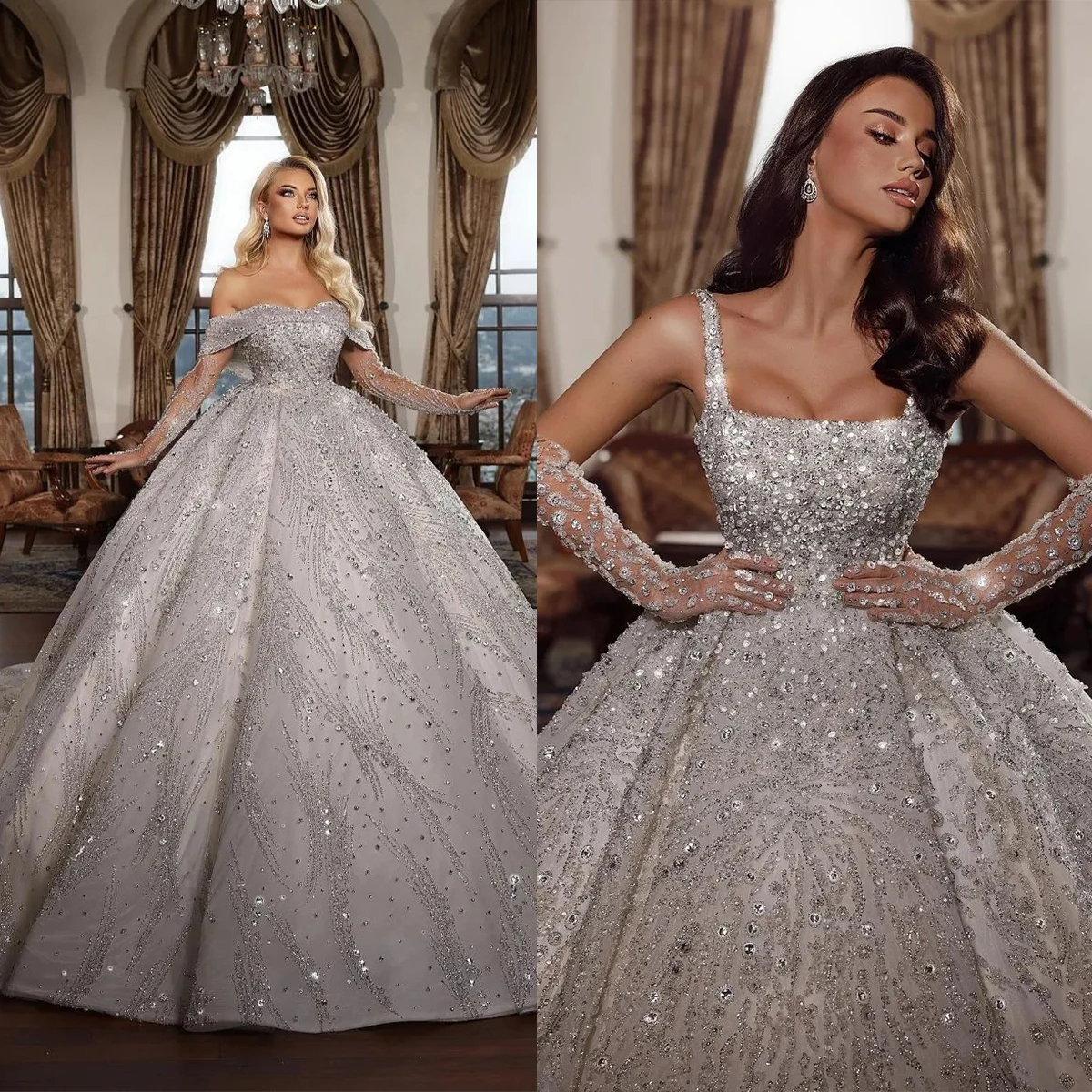 

Luxury Ball Gown Wedding Dress Spaghetti Square Whole Body Shining Beads Applicant Draped Chapel Gown Custom Made Robe De Mariée