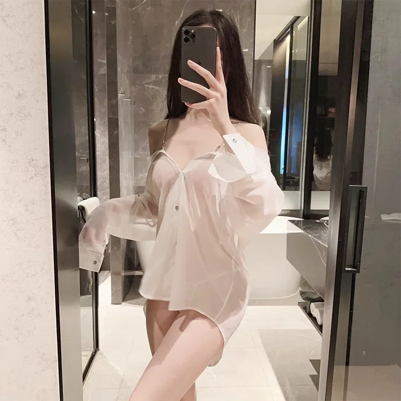 

Women Sexy Spring Summer Shirts Single Breasted Off Shoulder Perspective Dress Beach Cover Ups Cover-Ups