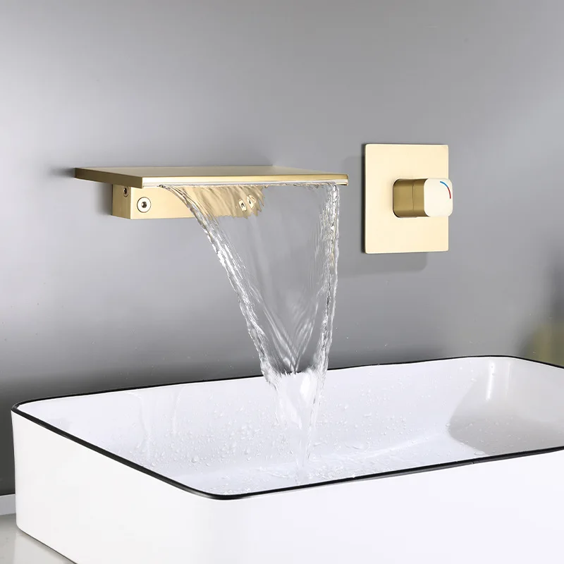 

Hot and cold mixer faucets Brushed Gold wall mounted concealed waterfall face basin bathroom faucet for hotel family bathroom