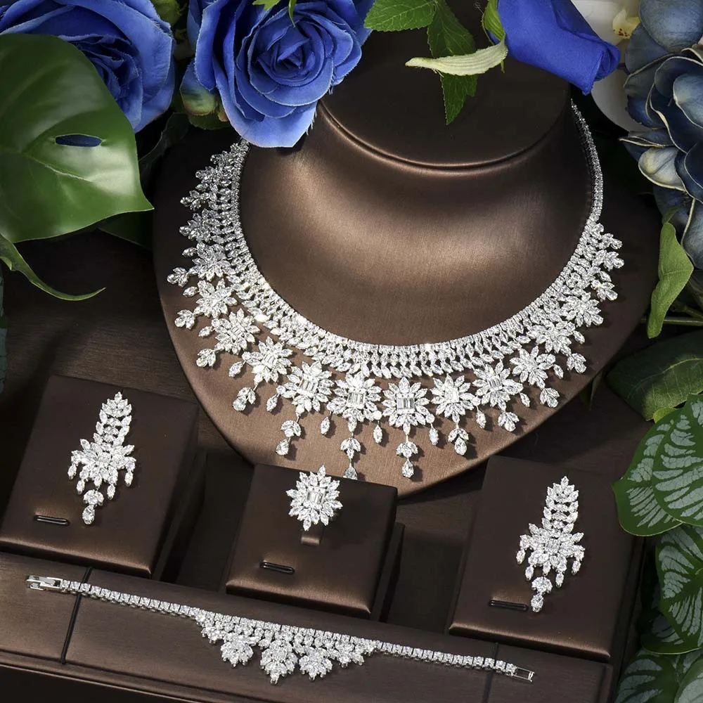 

HIBRIDE Luxury Big Leaf Flower Women Jewelry Sets Cubic Zirconia Necklace Earring for Dubai Women Jewelry Accessories S-298