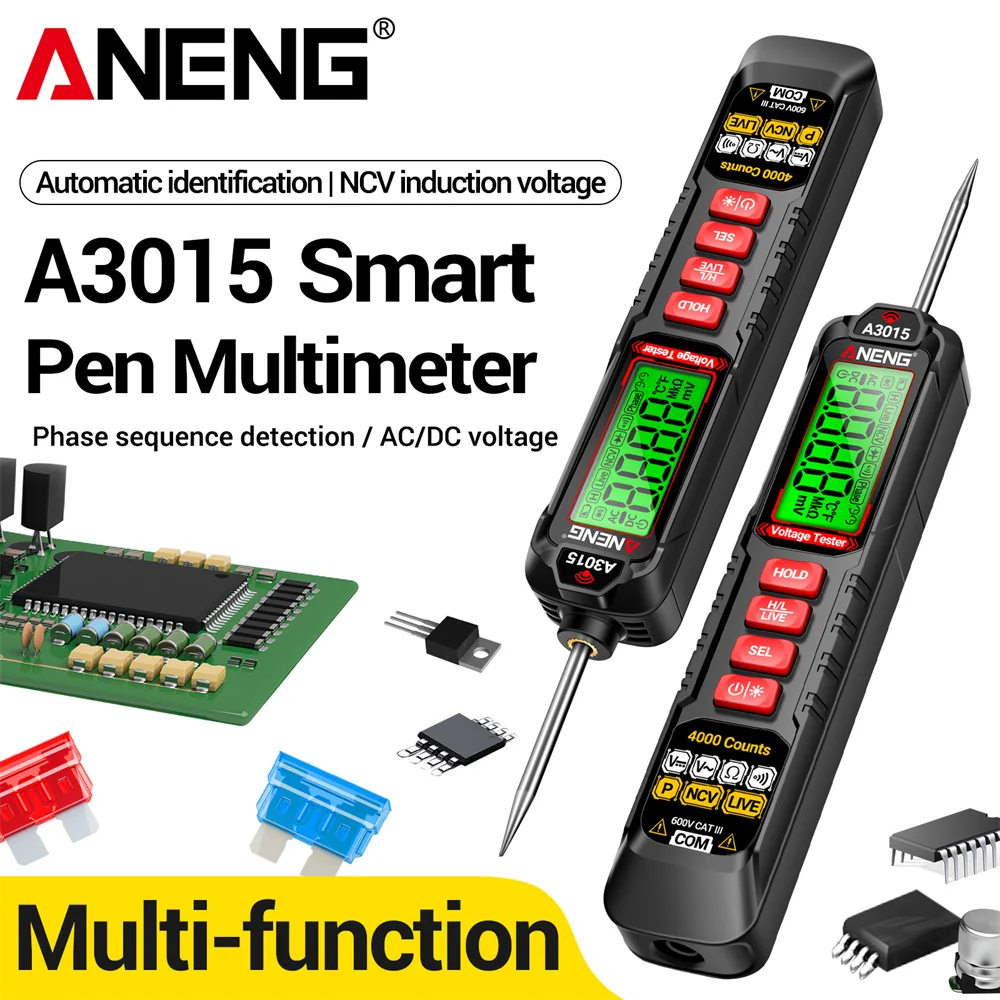 

ANENG A3015 Digital Multimeter Phase sequence Tester Pen AC/DC Voltage Zero/Fire Line Test 4000 Count NCV Detector Tester Tools