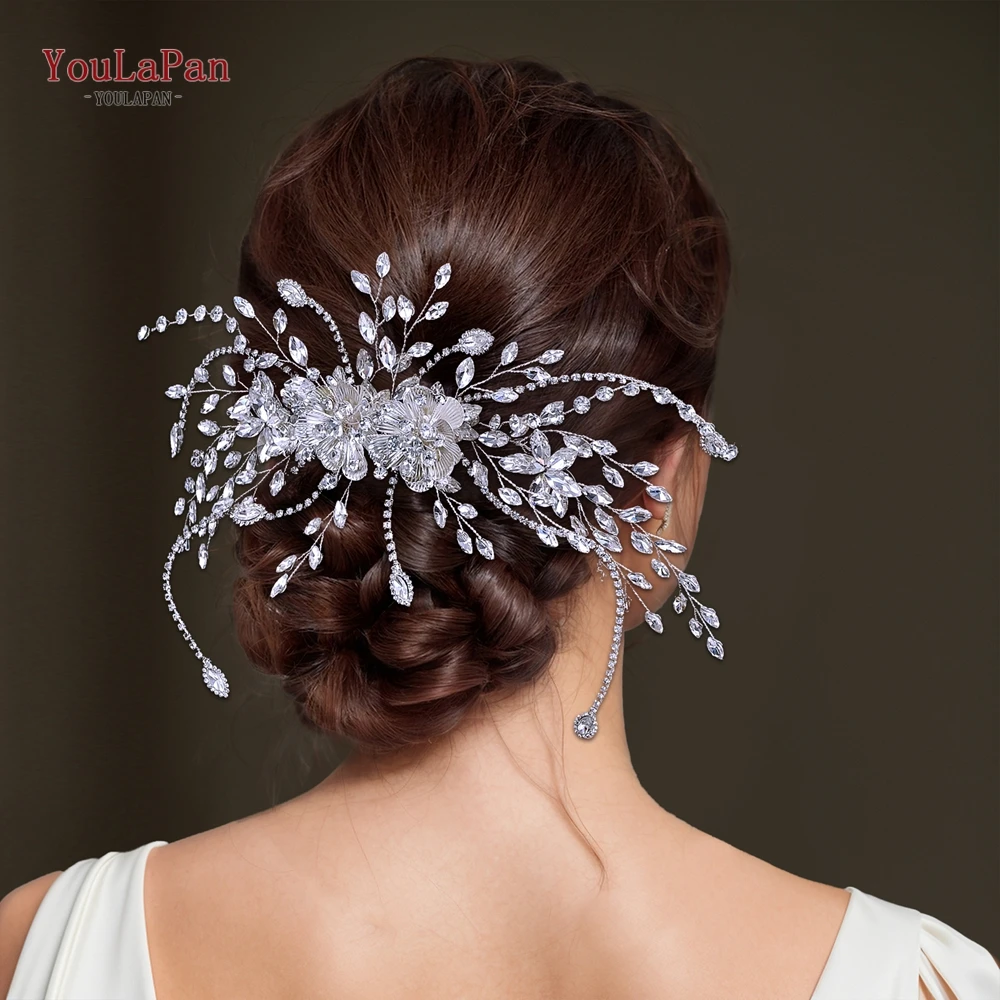 YoulaPan-Rhinestone Flor Pente De Cabelo para A Noiva, Casamento Festa Headwear, Bridal Acessórios, Ornamentos para Damas De Noiva Presente, Cor Prata, HP707