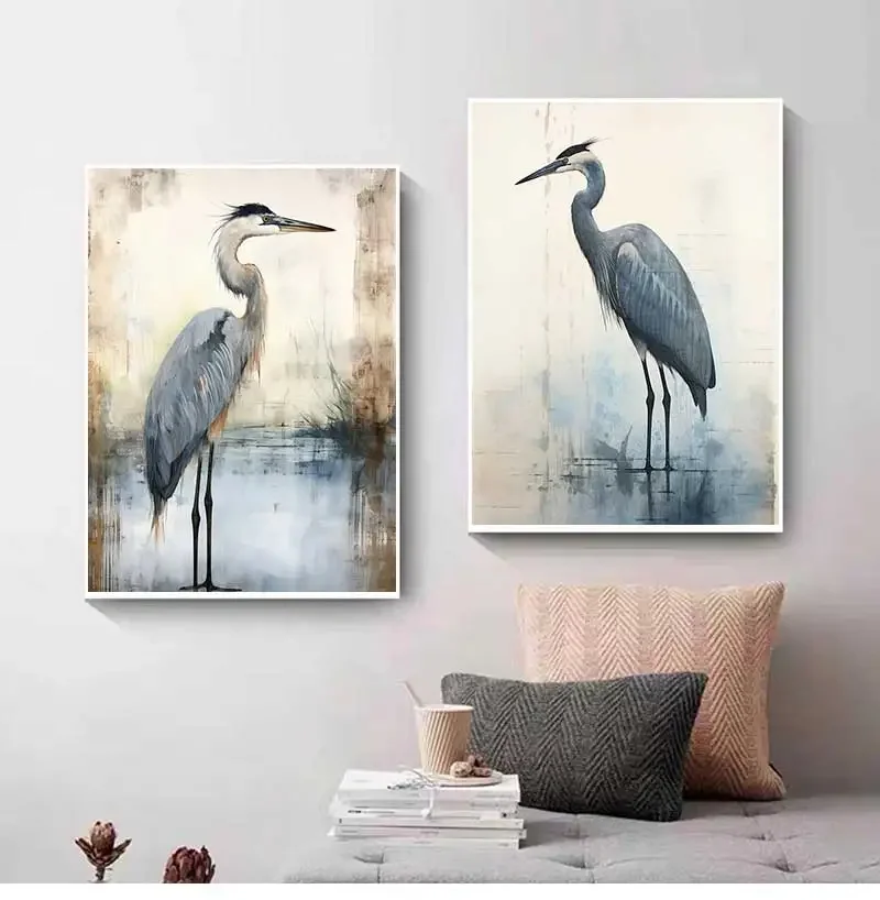Retro Blue Heron Watercolor Style Minimalist Marsh Bird Art Posters Canvas Painting Wall Prints Pictures Coastal Room Home Decor