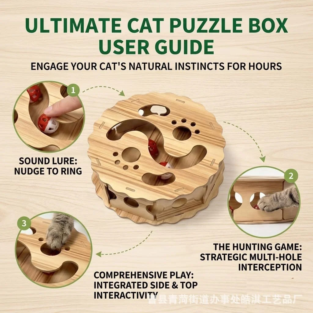 Wooden Cat Puzzle Box Interactive Treat Maze Toy Multi‑Hole Hunting Game Enrichment Feeder for Indoor Cats